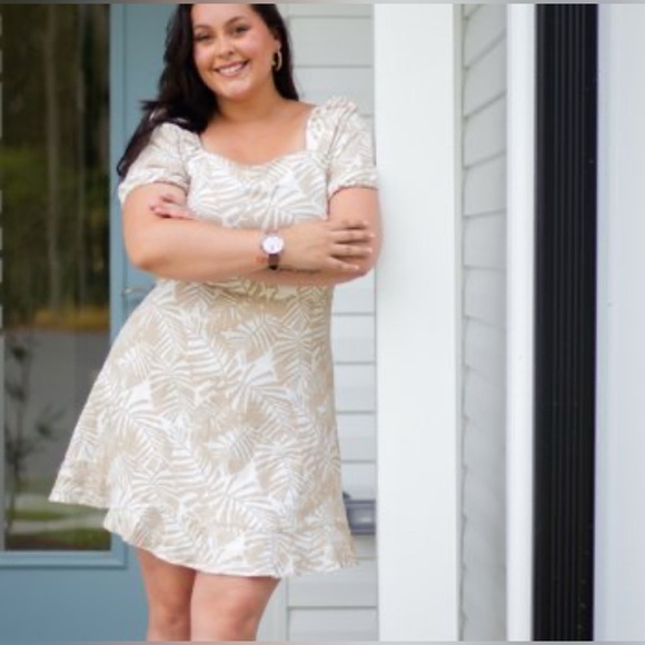 LOFT Womens Cream Linen Viscose Tropical Floral Tie Keyhole Back Dress Size 12 - Picture 2 of 13